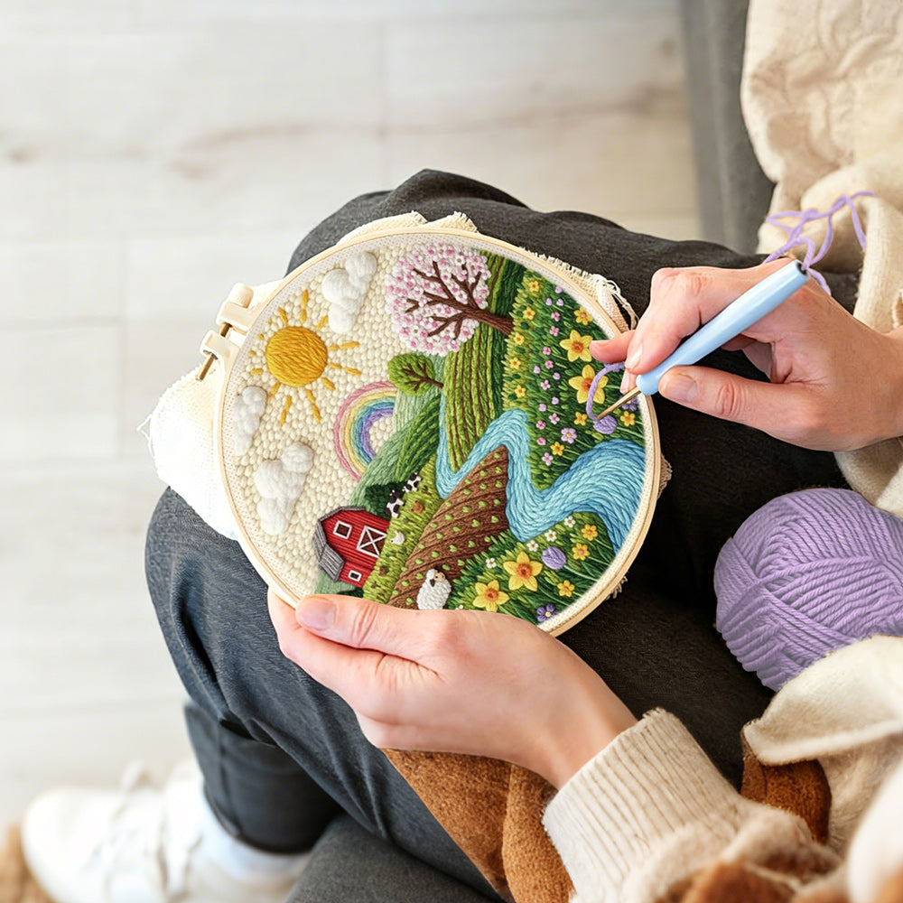 Creating handmade spring countryside farm and rainbow punch needle artwork
