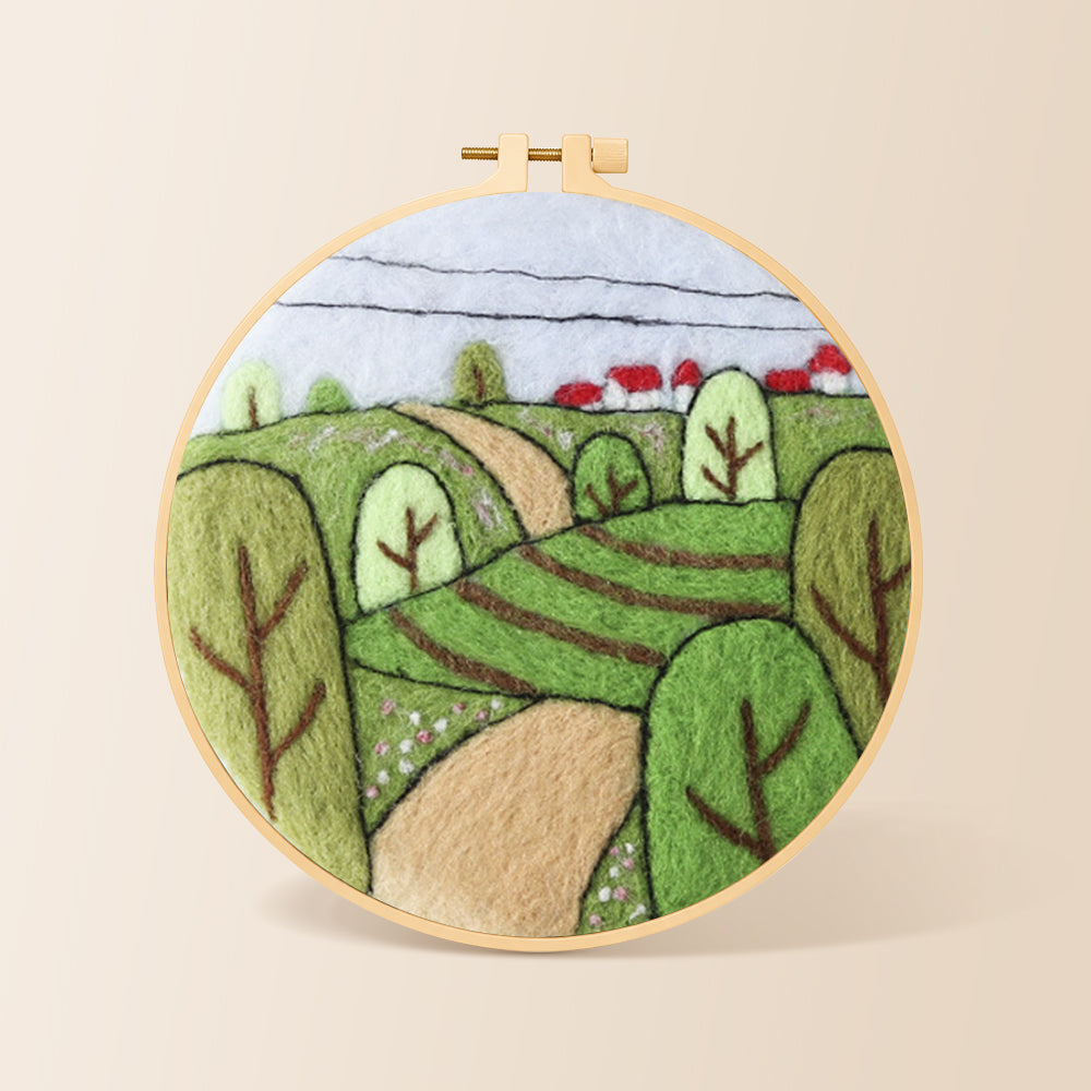 Spring fields with green trees needle felting kit for beginners with a round wooden frame