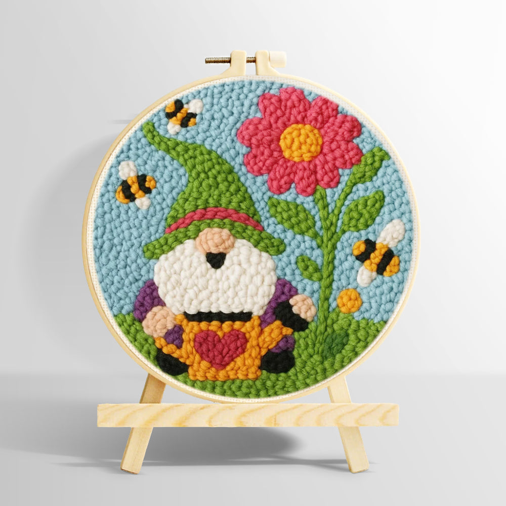 Spring gnome with flower and bees punch needle kit for beginners