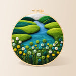 Spring river and green flowers needle felting kit for beginners with a round wooden frame