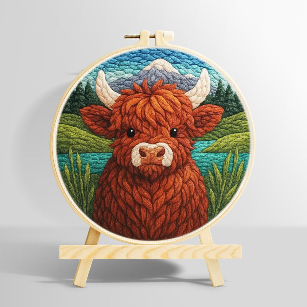 Springtime highland cow and mountain lake punch needle kit for beginners