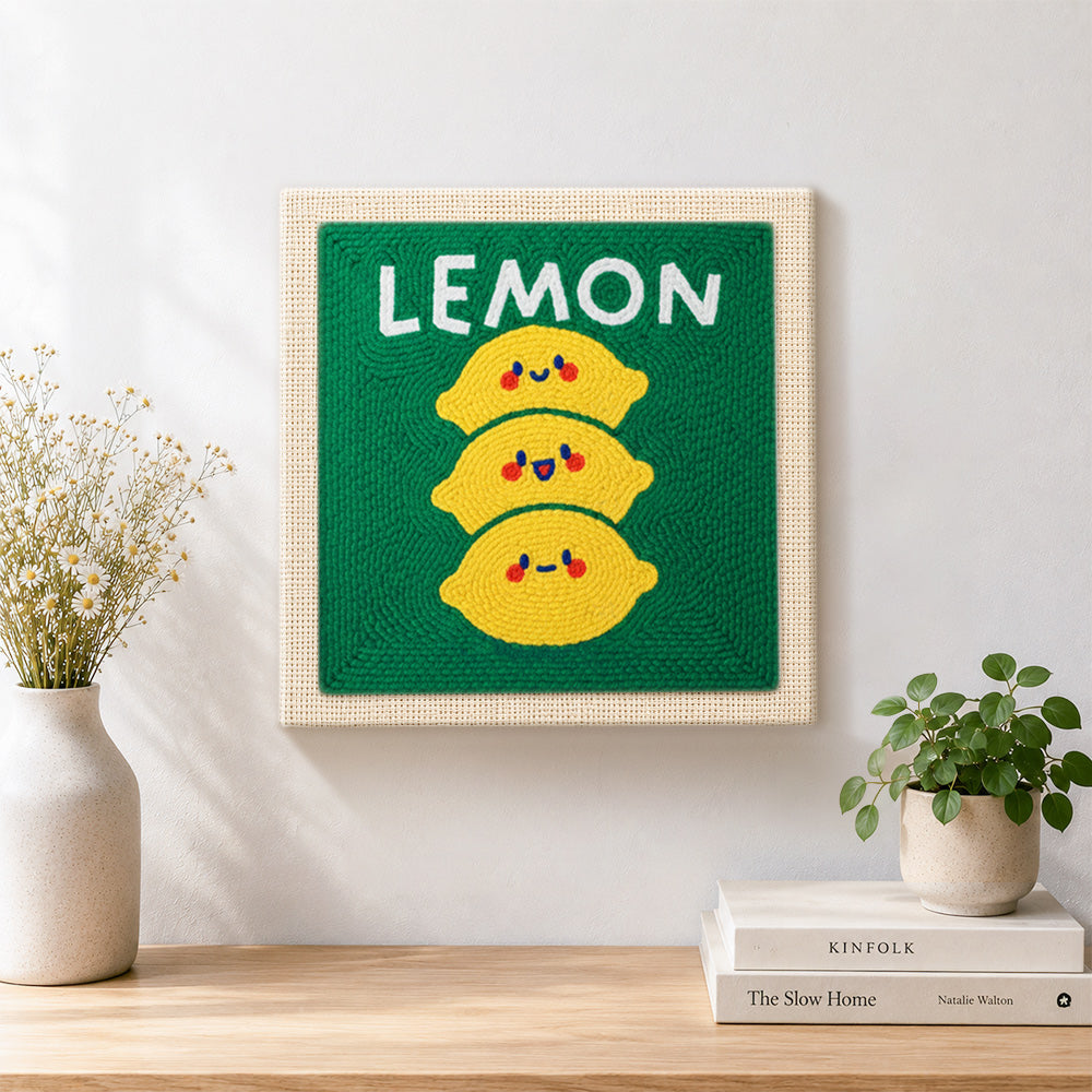 Finished stack of three cute lemons artwork displayed on a wall