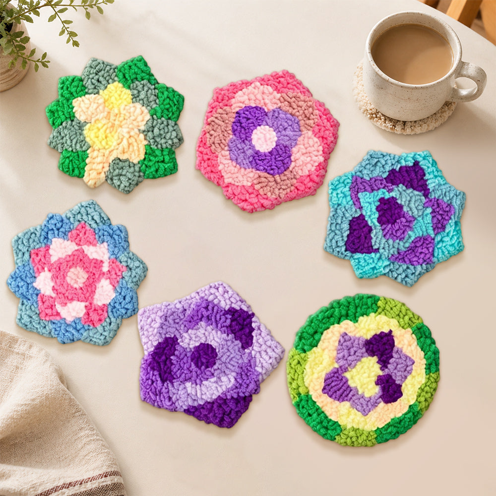 Star-shaped mandala flowers punch needle coasters used for home decoration