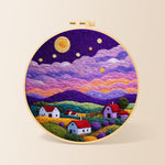 Starlit purple mountain village needle felting kit for beginners with a round wooden frame