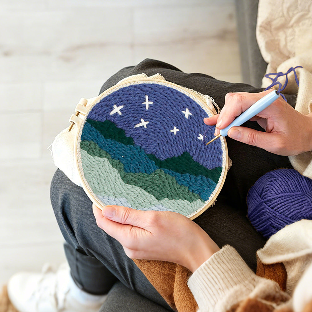 Creating handmade starry mountain night landscape punch needle artwork