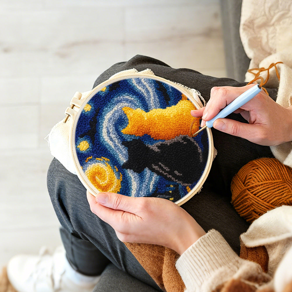 Creating handmade starry night cats punch needle artwork
