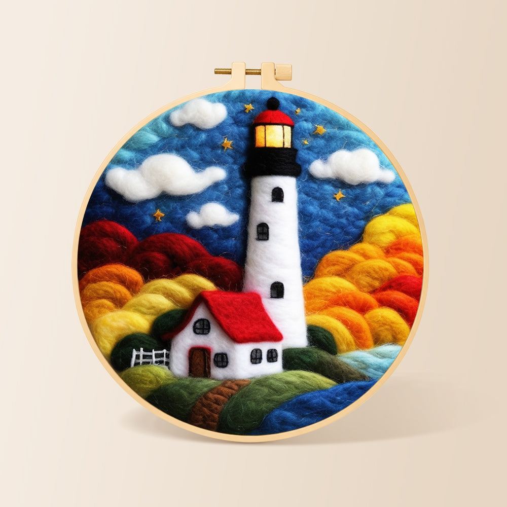 Starry night lighthouse and cottage needle felting kit for beginners with a round wooden frame