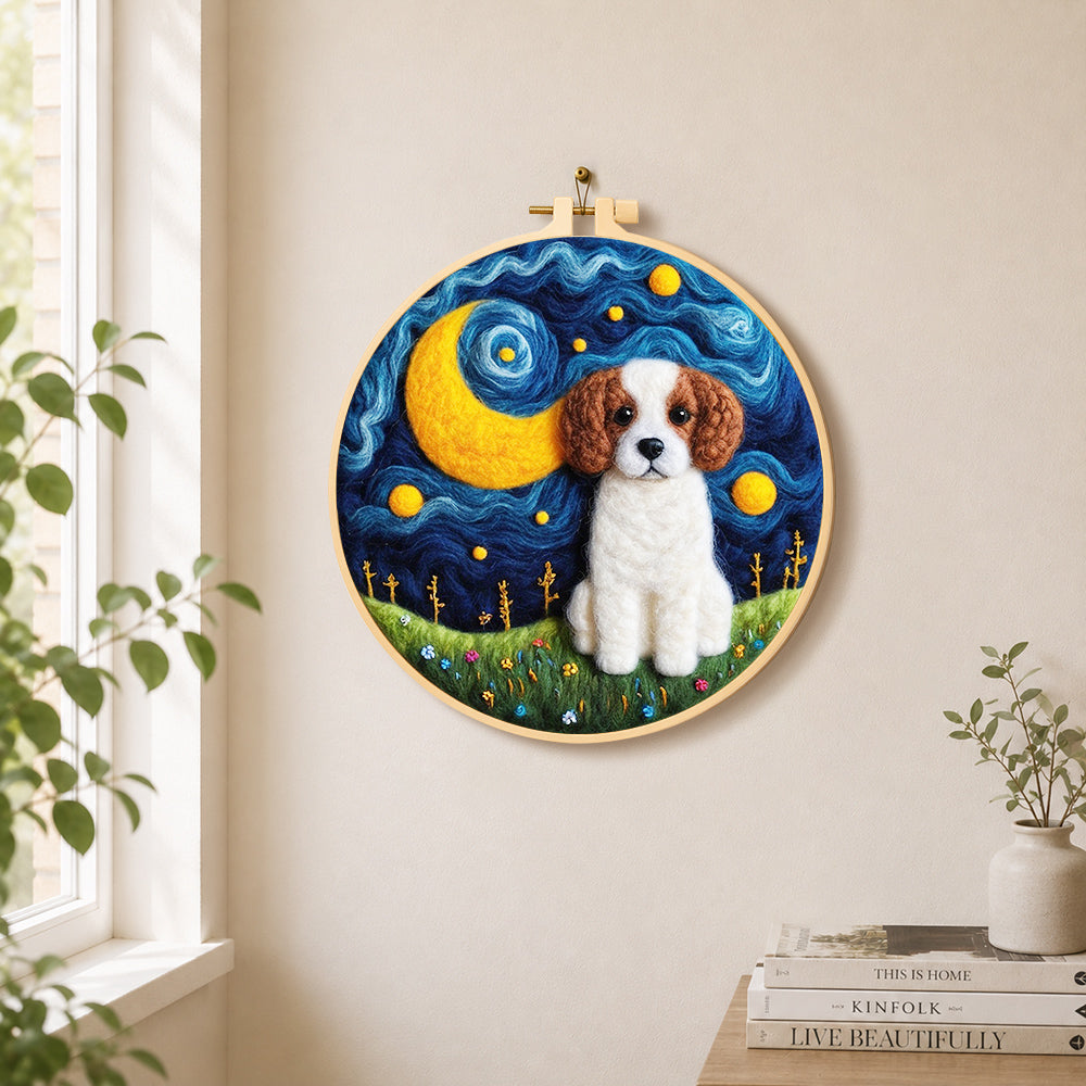 Starry night puppy needle felt wall art displayed in a bright home interior