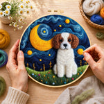 Creating the starry night puppy wool painting by hand with a felting needle