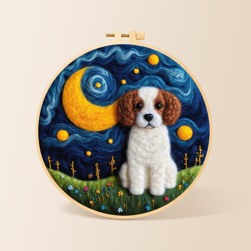 Starry night puppy needle felting kit for beginners with a round wooden frame