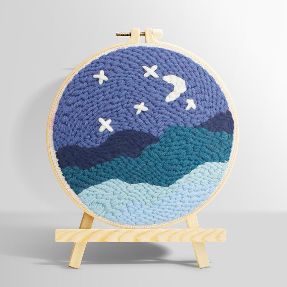 Starry night sky over mountains punch needle kit for beginners