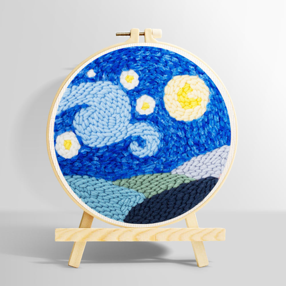 Starry night sky with moon and mountains punch needle kit for beginners