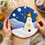 Creating the starry night snowy lighthouse wool painting by hand with a felting needle
