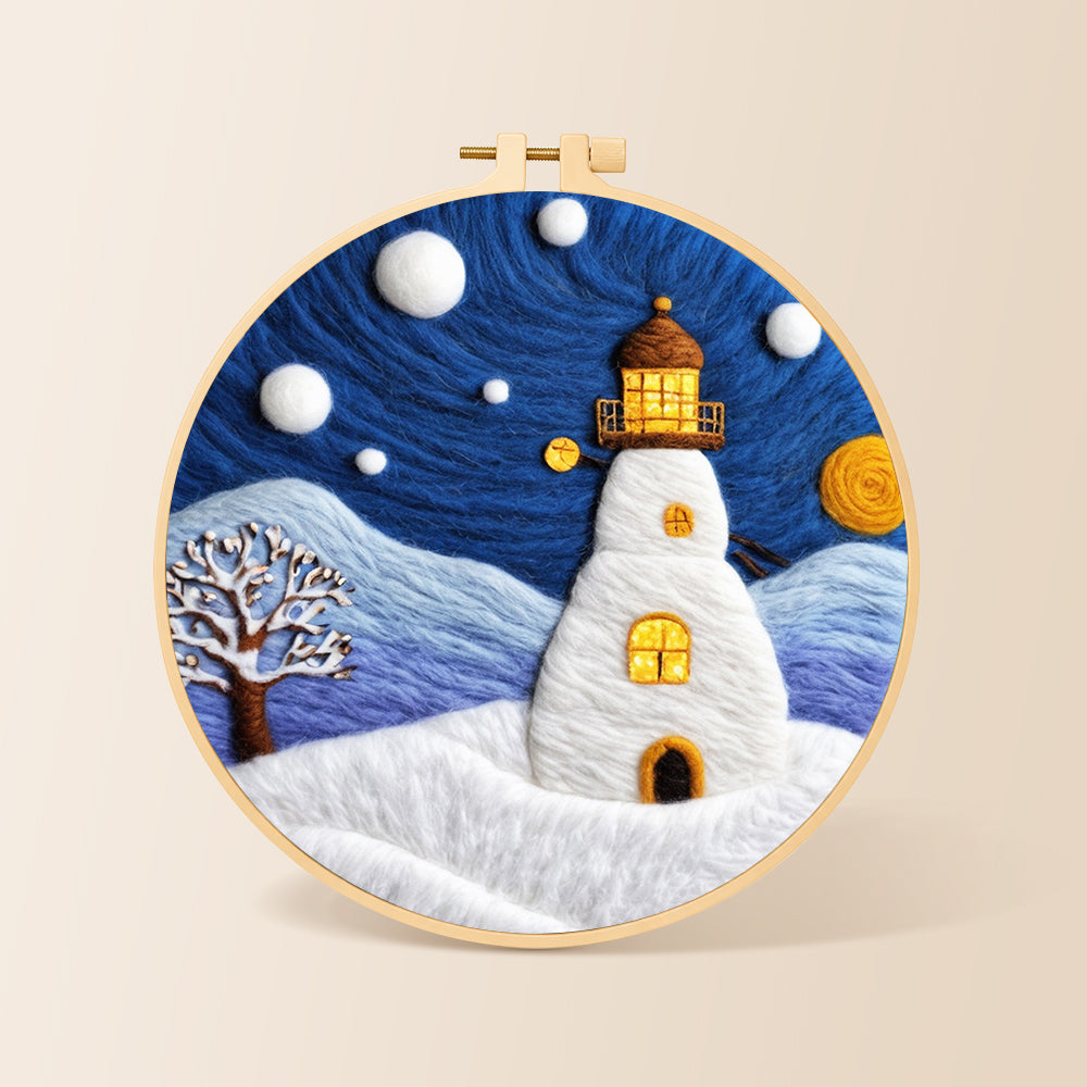 Starry night snowy lighthouse needle felting kit for beginners with a round wooden frame