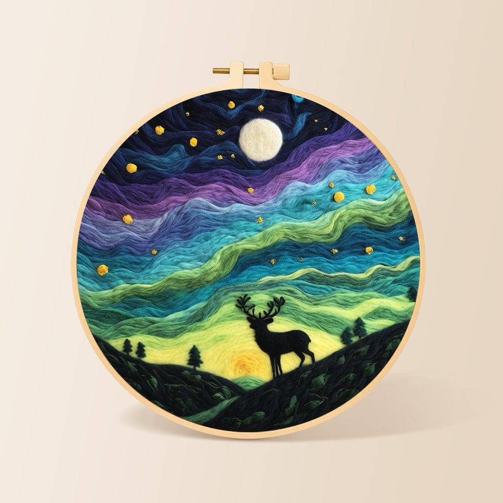 Starry night stag silhouette needle felting kit for beginners with a round wooden frame