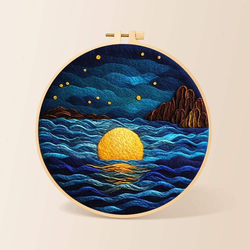 Starry ocean and golden full moon needle felting kit for beginners with a round wooden frame