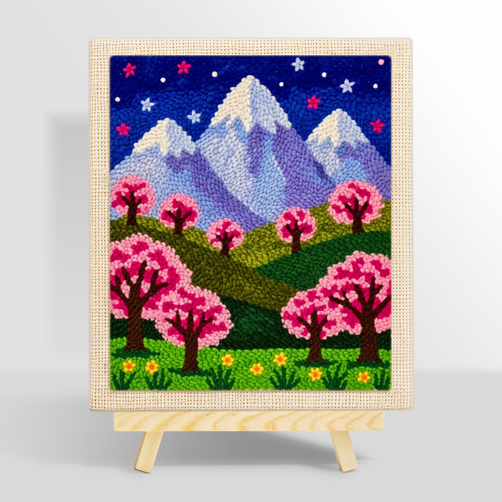 Starry sakura mountain at night punch needle kit for beginners
