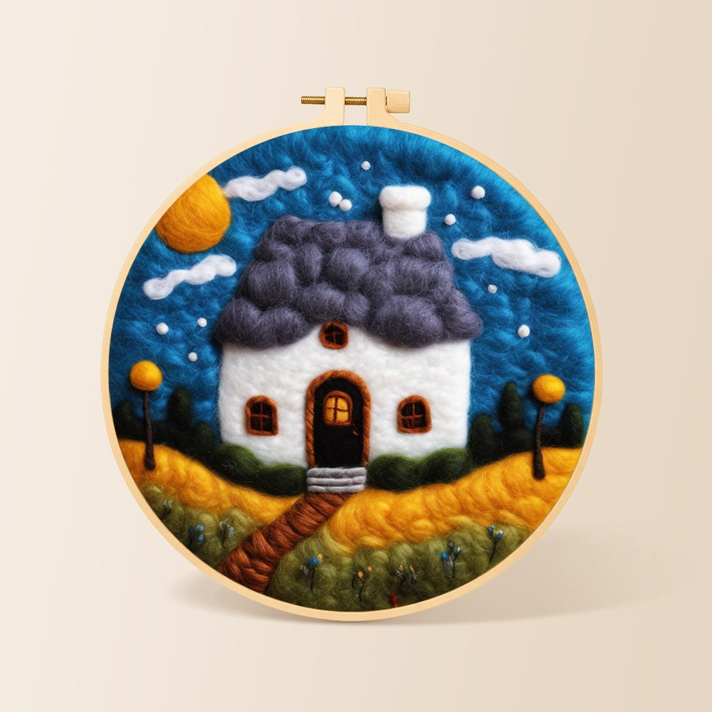 Starry sky and blue roof cottage needle felting kit for beginners with a round wooden frame