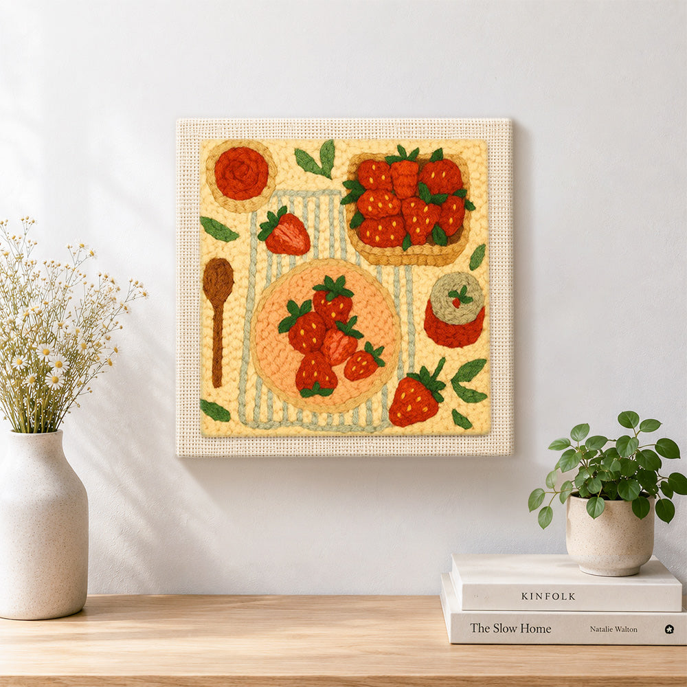 Finished strawberry dessert collection artwork displayed on a wall
