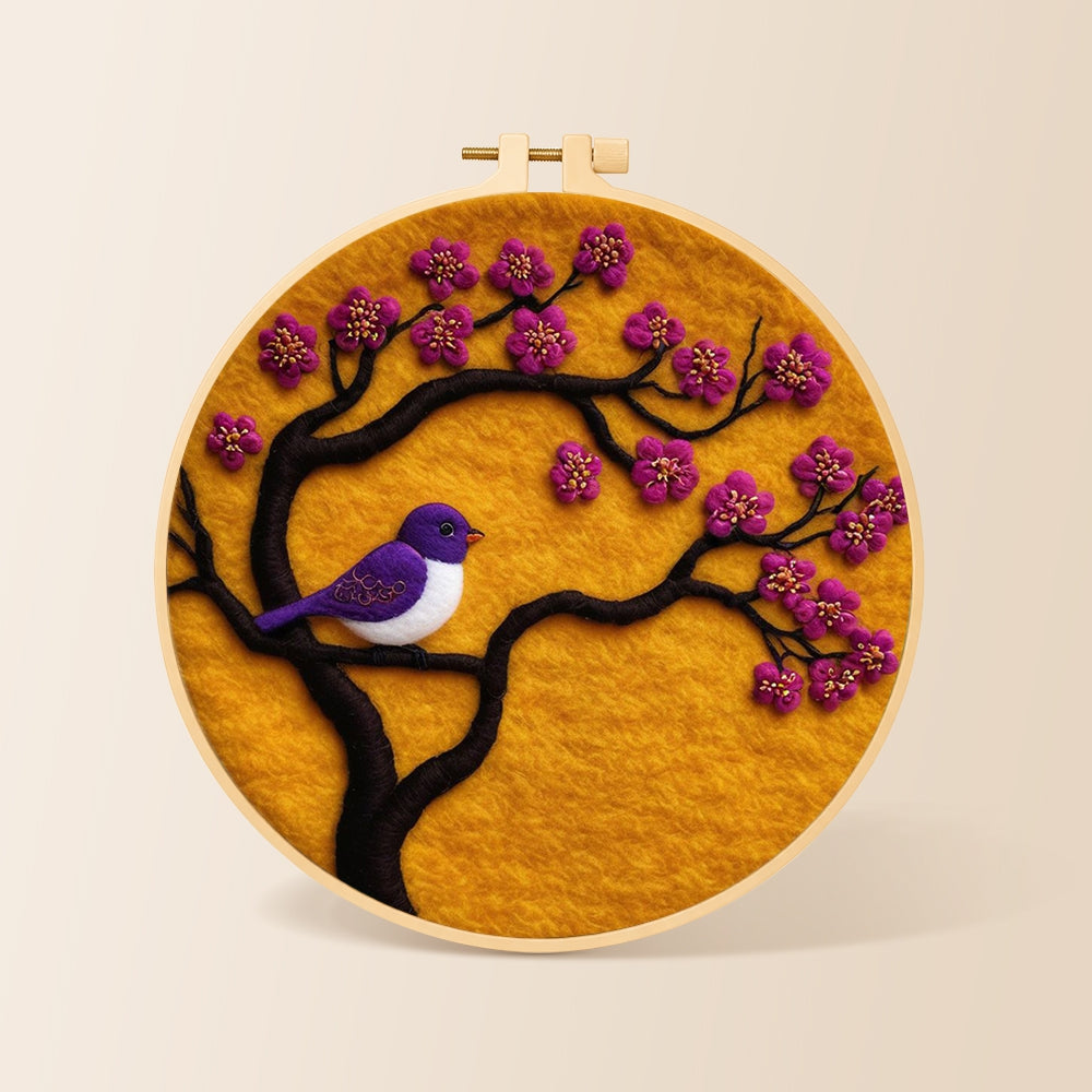 Striking purple bird on blooming branch needle felting kit for beginners with a round wooden frame