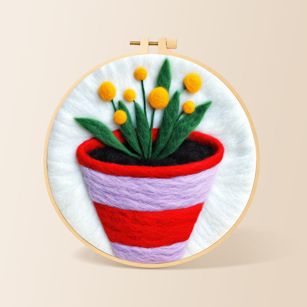 Striped pot with yellow flowers needle felting kit for beginners with a round wooden frame