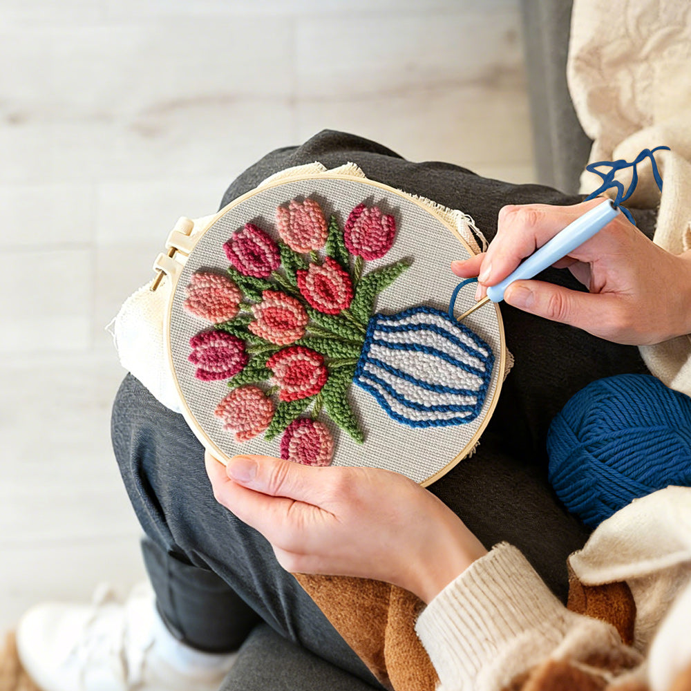 Creating handmade striped vase with pink tulips punch needle artwork