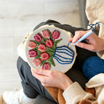 Creating handmade striped vase with pink tulips punch needle artwork