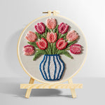 Striped vase with pink tulips punch needle kit for beginners