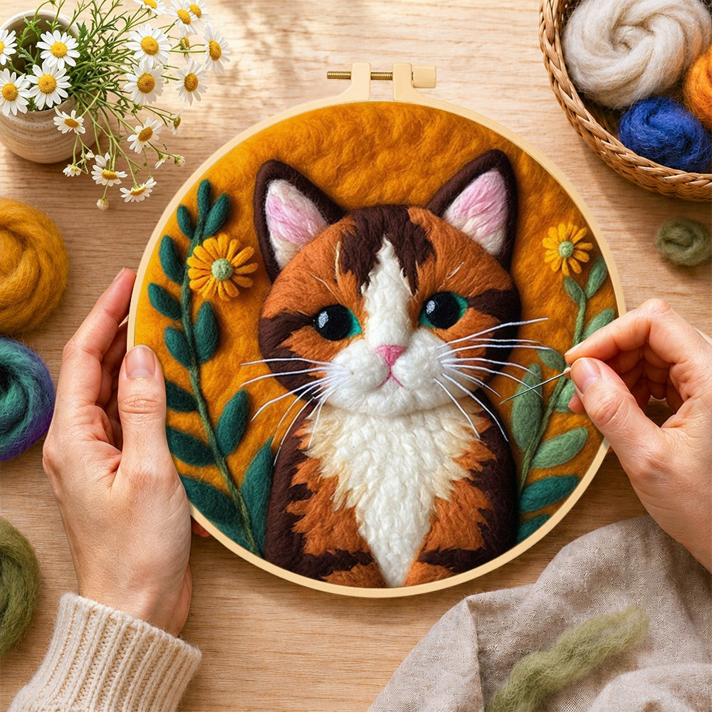 Creating the stunning calico cat wool painting by hand with a felting needle