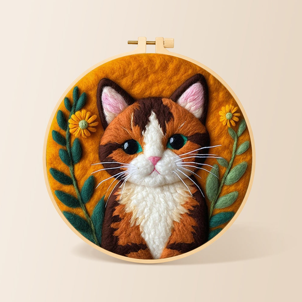 Stunning calico cat needle felting kit for beginners with a round wooden frame