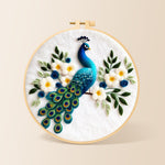 Stunning peacock with white flowers needle felting kit for beginners with a round wooden frame