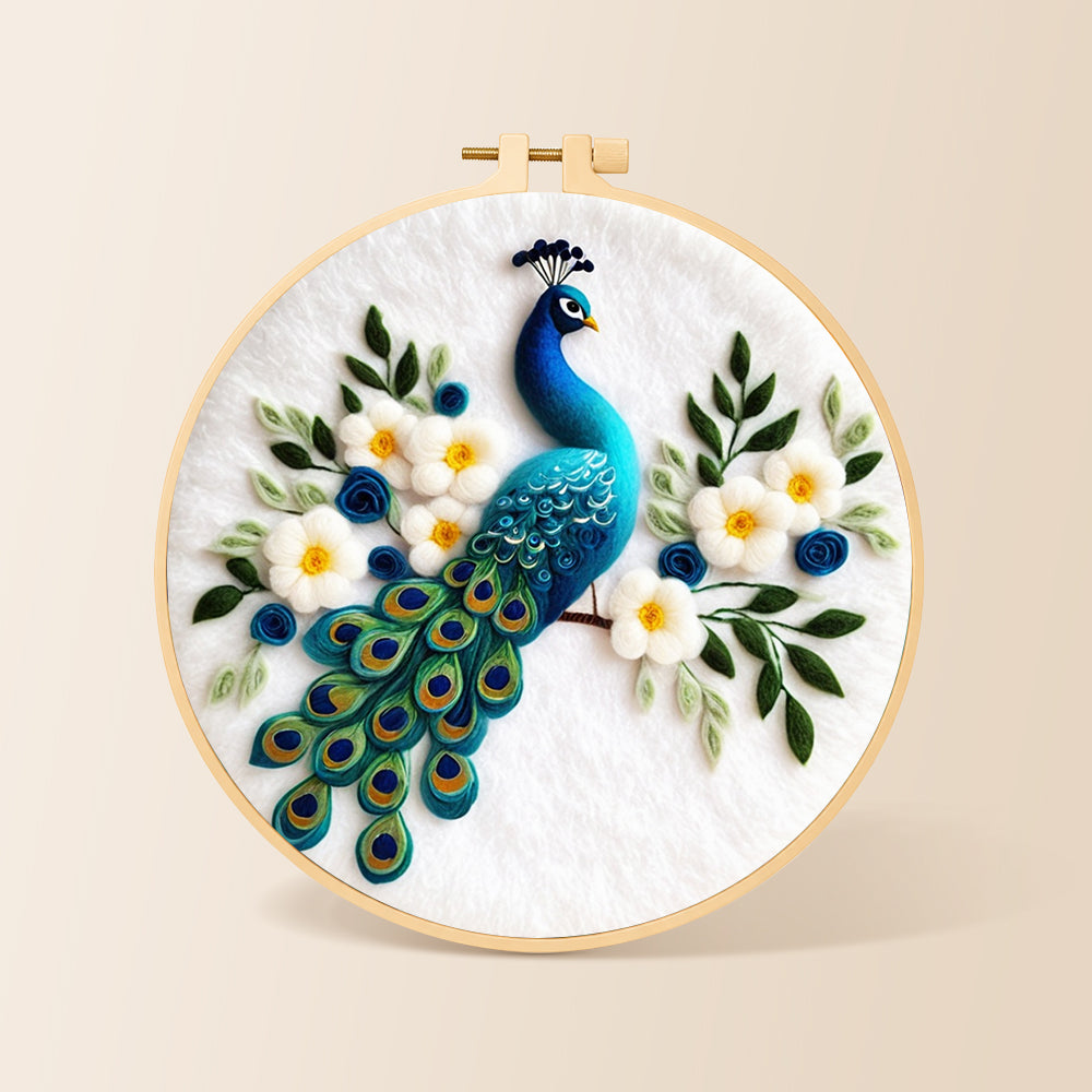 Stunning peacock with white flowers needle felting kit for beginners with a round wooden frame