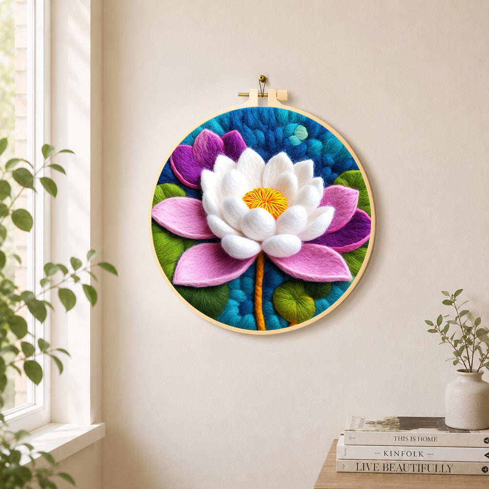 Stunning pink and white lotus needle felt wall art displayed in a bright home interior