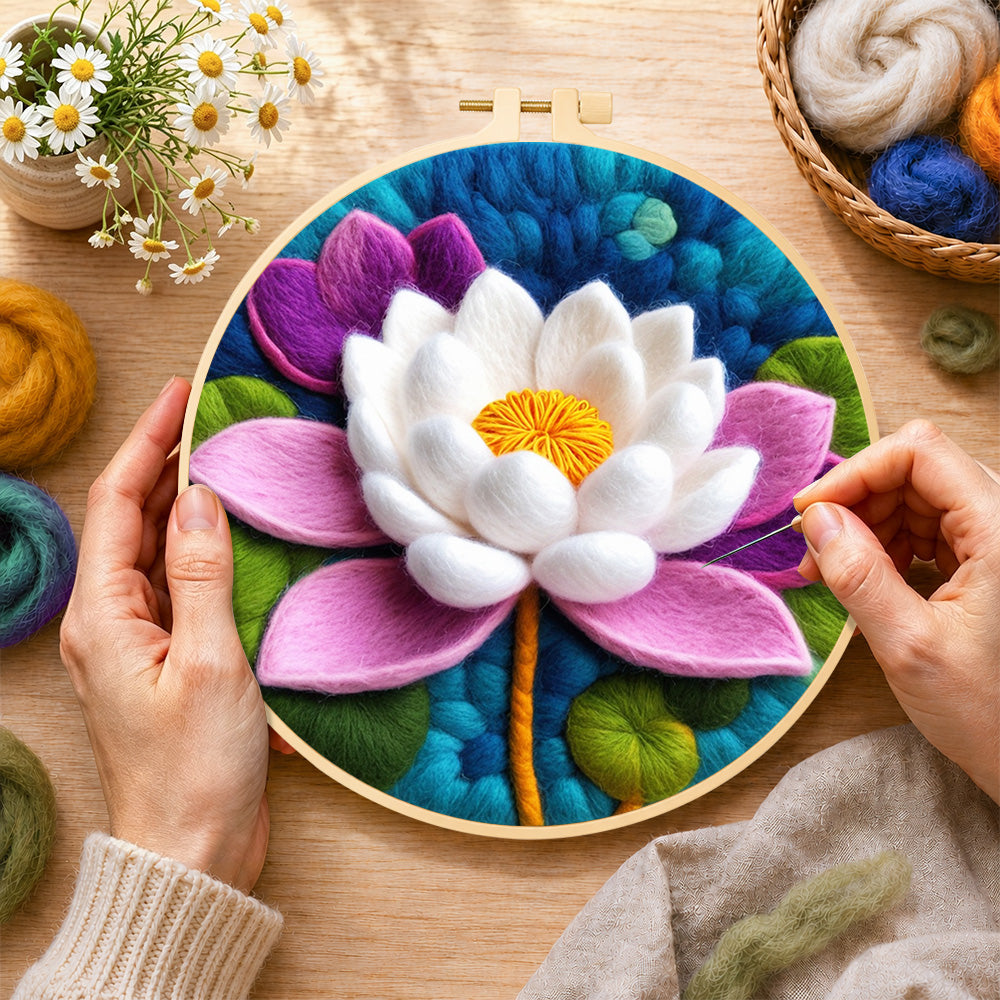Creating the stunning pink and white lotus wool painting by hand with a felting needle