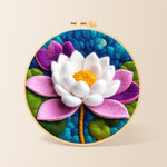 Stunning pink and white lotus needle felting kit for beginners with a round wooden frame
