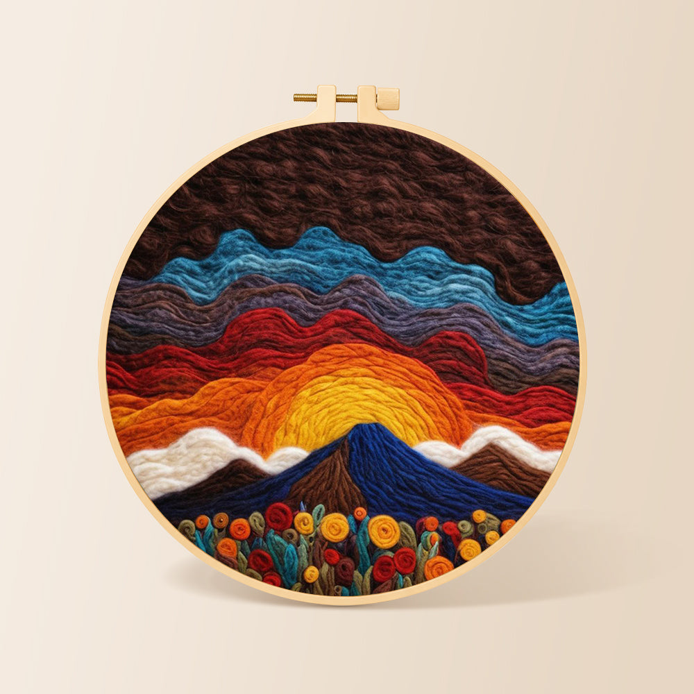 Stunning sunrise over wavy hills needle felting kit for beginners with a round wooden frame