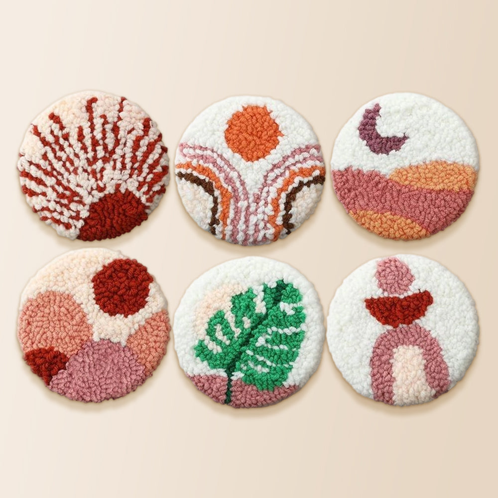 Stunning sunset and green leaf punch needle coaster kit finished handmade coasters