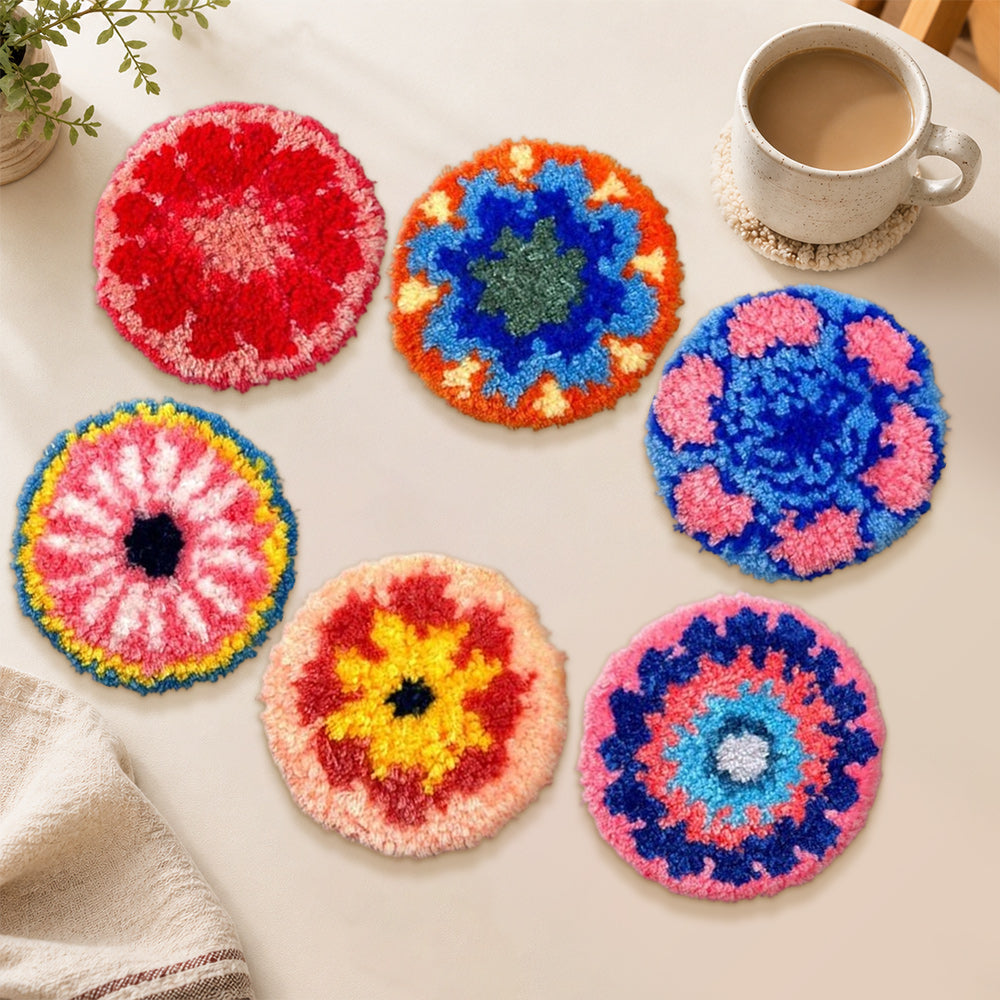 Stunningly vibrant mandala punch needle coasters used for home decoration
