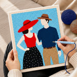 Creating handmade stylish couple in hats punch needle artwork