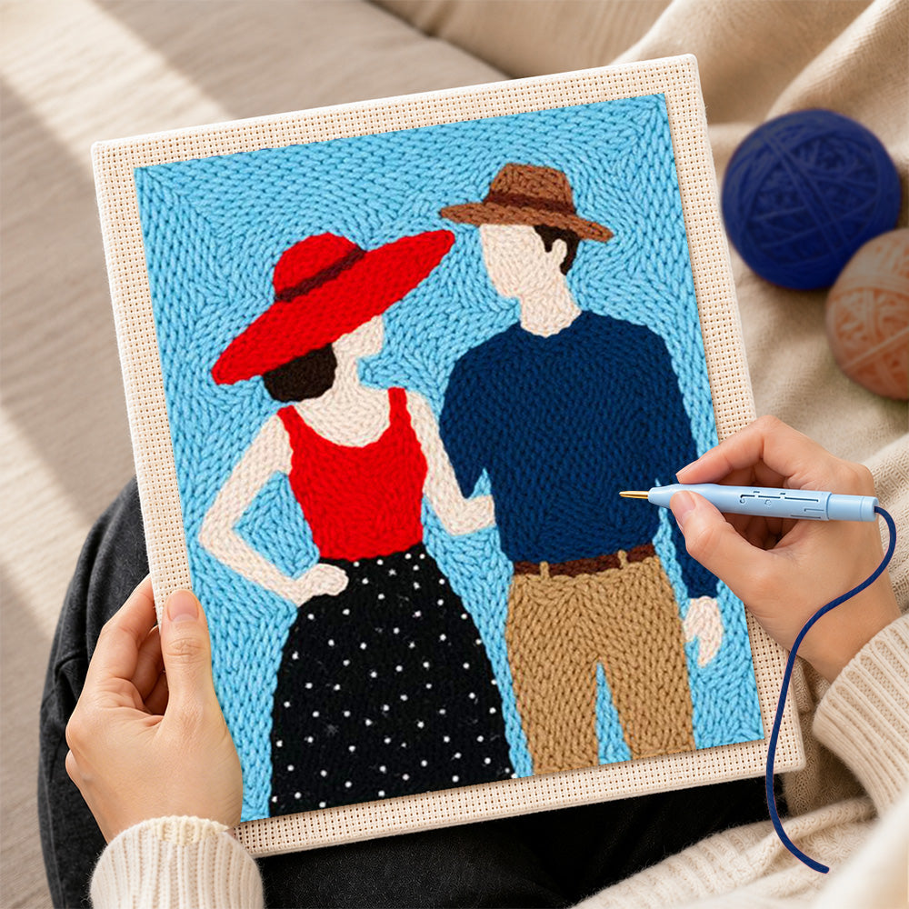 Creating handmade stylish couple in hats punch needle artwork
