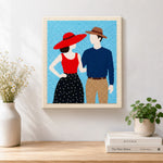 Finished stylish couple in hats artwork displayed on a wall