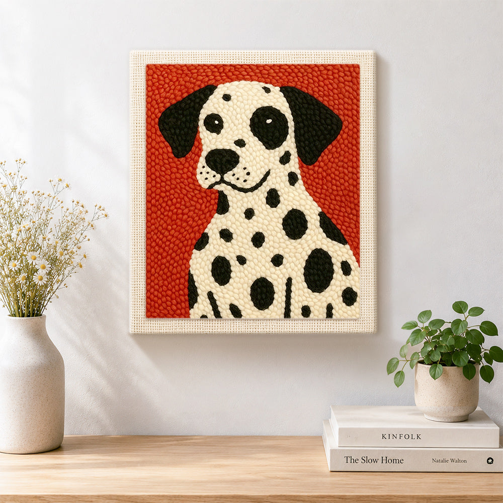 Finished stylish dalmatian portrait artwork displayed on a wall