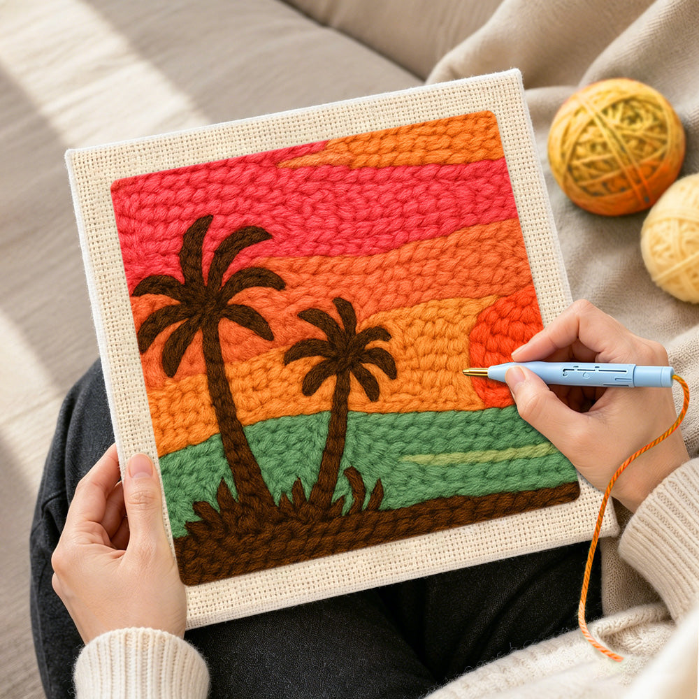 Creating handmade summer sunset and palm trees punch needle artwork
