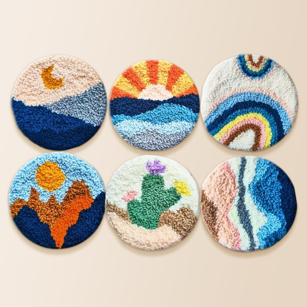 Sun, mountains and cactus punch needle coaster kit finished handmade coasters