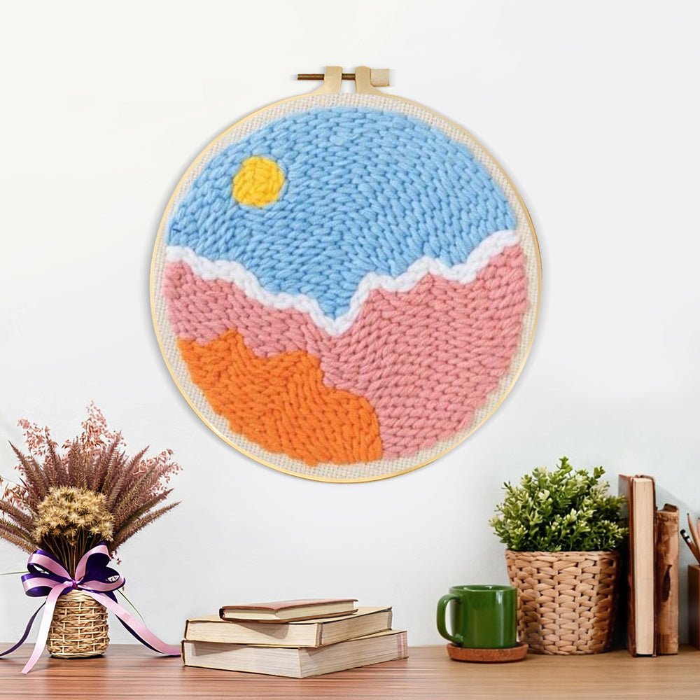 Finished sun over colourful clouds artwork displayed on a wall