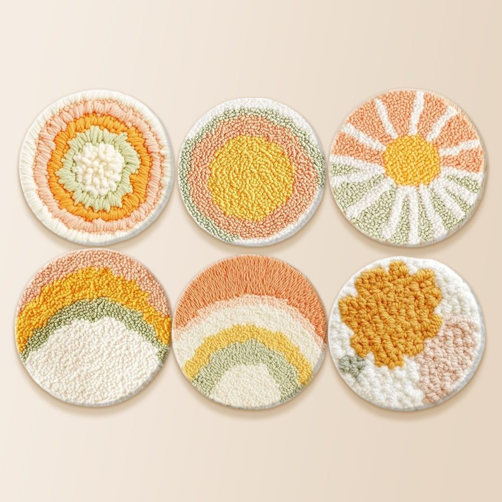 Sunburst and rainbow punch needle coaster kit finished handmade coasters