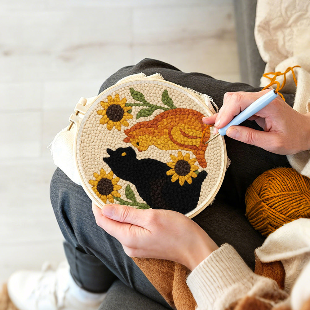 Creating handmade sunflowers and cats punch needle artwork