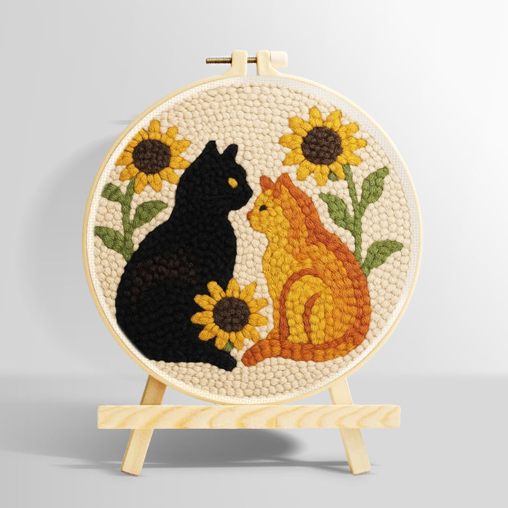 Sunflowers and cats punch needle kit for beginners