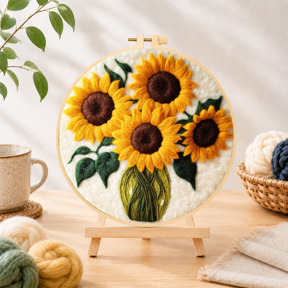 Finished sunflowers in a green vase needle felting displayed on a wooden easel