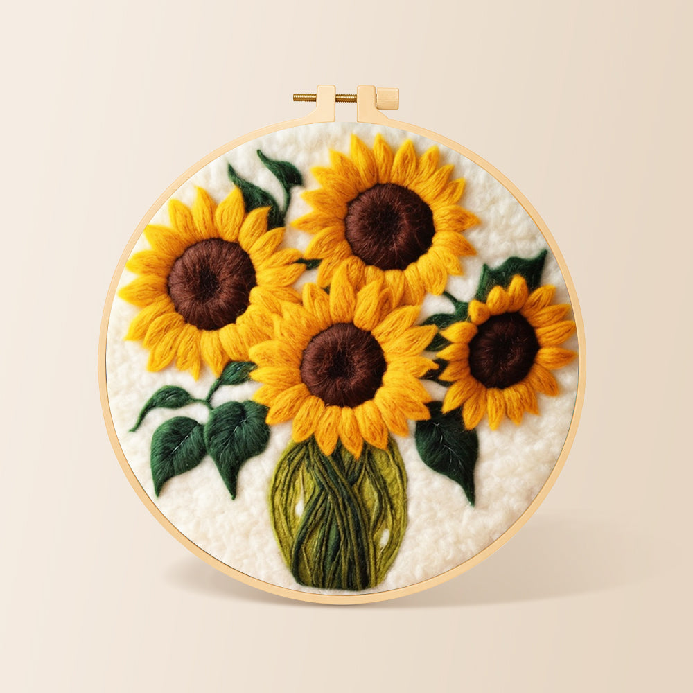 Sunflowers in a green vase needle felting kit for beginners with a round wooden frame
